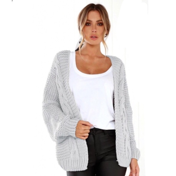 Light GRAY Chunky Cable Knit Cardigan - Picture 7 of 7
